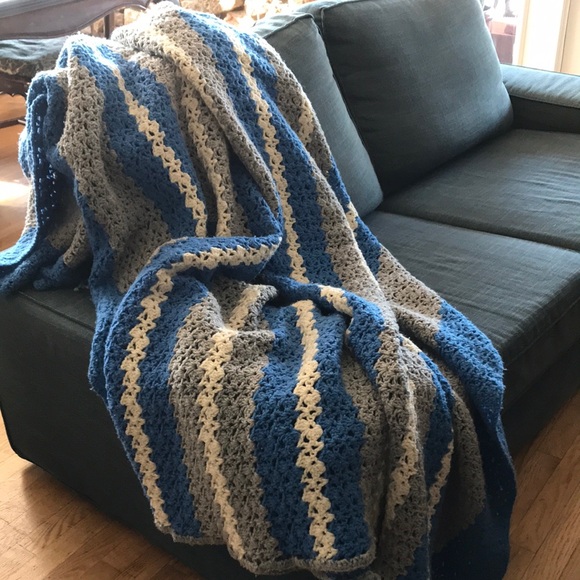 Handmade Queen Size Blue and Gray Striped Crochet Blanket - Picture 2 of 9